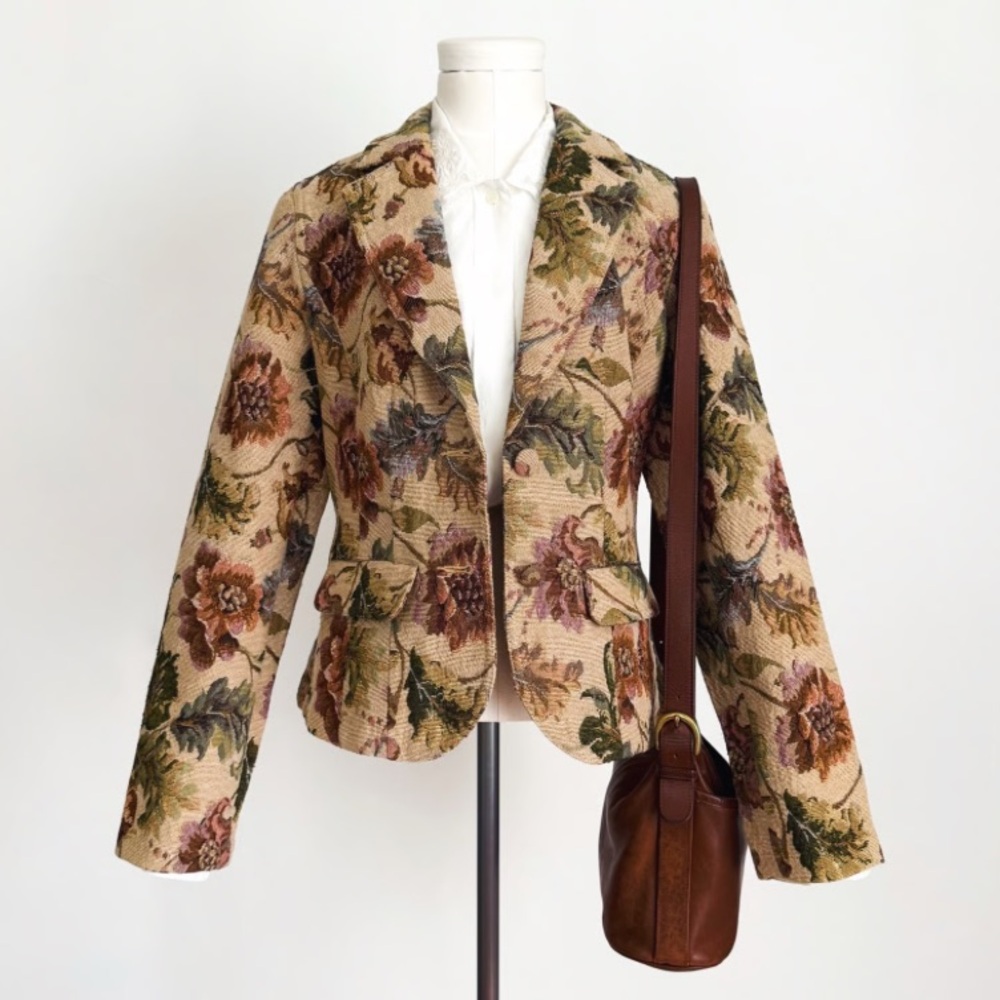 Vintage Liz Claiborne Crazy Horse Fitted floral tapestry blazer real pockets EUC